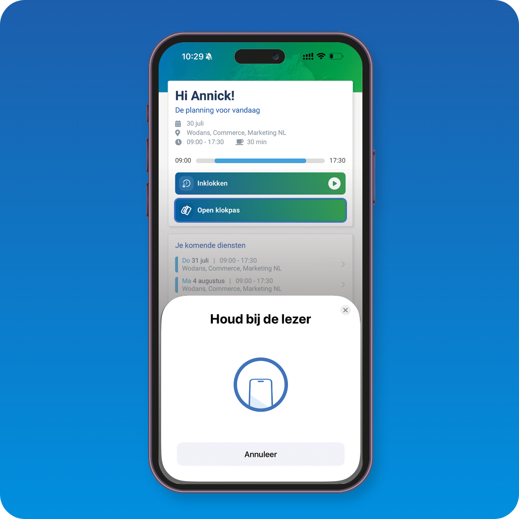 Je ziet hoe klokken in de app werkt